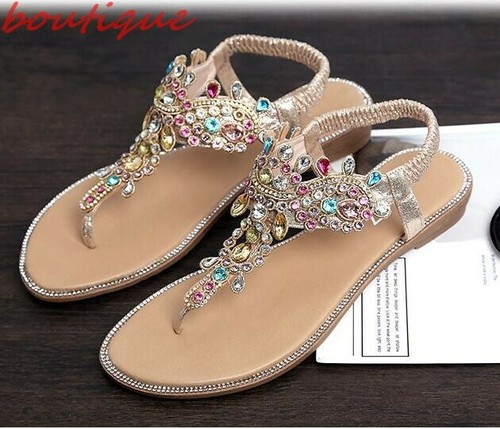 Women's Flip Flops Sandals Gladiator Rhinestones Ankle Strap Shoes Beach Sandals - Picture 4 of 13