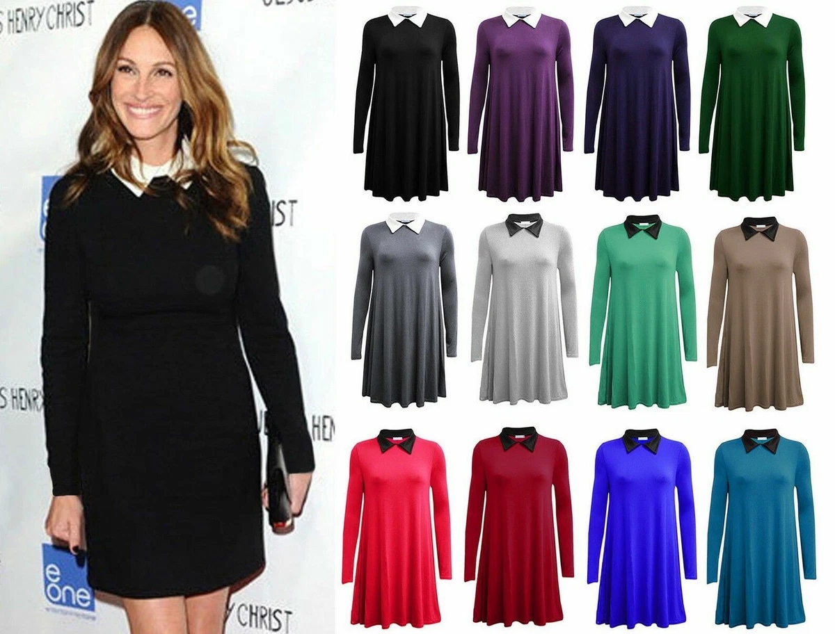 New Ladies Peter Pan Swing Dress With Collar Long Sleeve Womens Print Flared Top