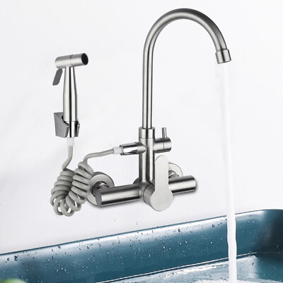 Stainless Steel Commercial Sink Faucet Wall Mount 360°Rotation Kitchen Faucet US