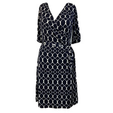 Gilli Dress Womens Sz S Navy White Print Wrap Tie V-Neck Knit Flow A-Line