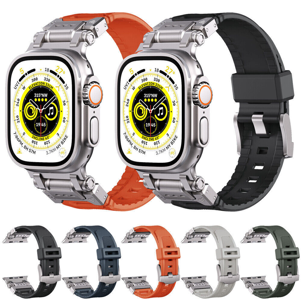 Metal Kits + Rubber Sport Band Strap for Apple Watch 9 8 7 SE 44/45/49mm Ultra 2