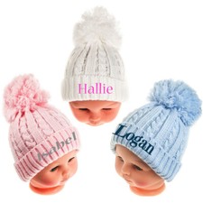 personalised BABY KNITTED POM POM HAT BOBBLE WHITE PINK BLUE BOYS GIRLS 0-12