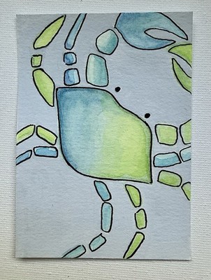 ACEO Original Multicolor Watercolor Crab ATC Mini Painting By Liz Benavides