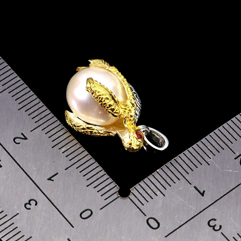 925 Sterling Silver Pendant Round Ruby Pearl Natural Gemstone Turtle Jewelry - Image 3 of 4