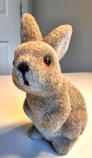 Vintage Brown/Grey Flocked Bunny Coin Bank with Stopper Fuzzy  VGC Plastic Eyes
