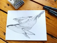 Handmade Whale Drawing Under Glass