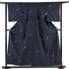 JAPANESE KIMONO TSUMUGI Dark blue 156.5cm 5 ft 2 in PURE SILK AA8496