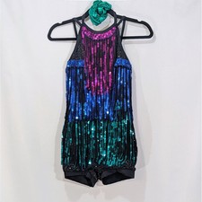 Weissman Style 10926 SA Sequin Fringe Dance Costume Leotard Blue Pink Green
