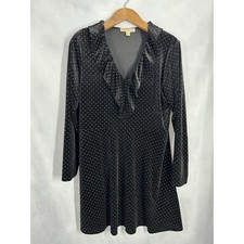 Michael Kors Black Velvet Gold Stud Dot Ruffle V-Neck Dress Women's Size XL