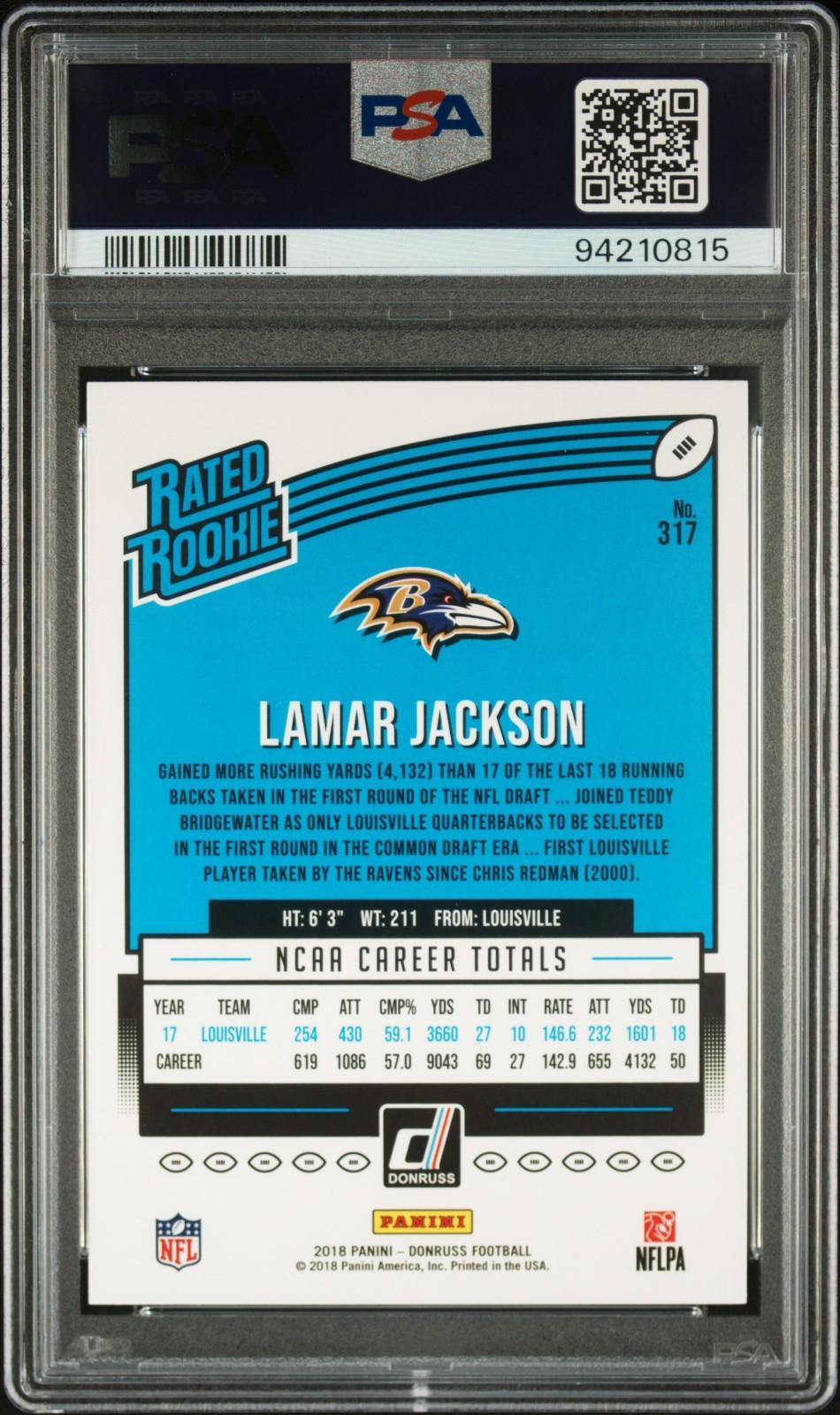 2018 Donruss Press Proof Red #317 Lamar Jackson Rated Rookie RC PSA 10 GEM MT view 2