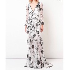 NWT Marchesa Notte Embroidered Floral Tiered Lace Gown Black White Size 8