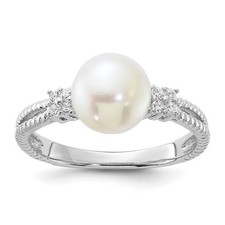 925 Sterling Silver 8-9mm White Cultured Pearl and Cubic Zirconia Ring Size 6