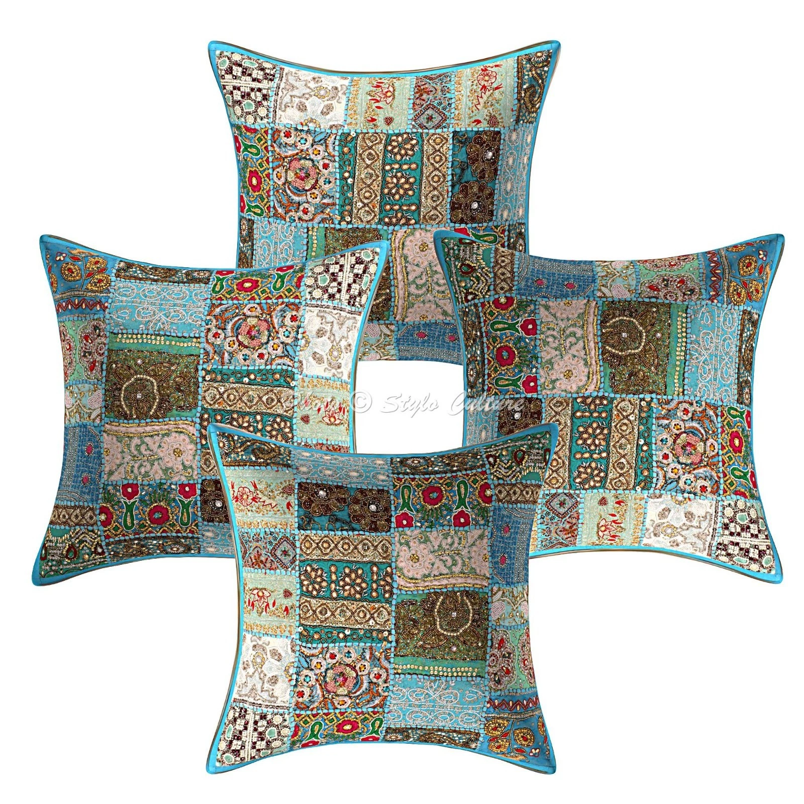 Indian Cotton Throw Pillow Covers Beaded Turquoise Patchwork Home Decor 4 Pcs