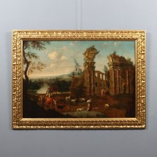 Dipinto Fiammingo Antico Capriccio Architettonico Olio su Tela XVIII Secolo