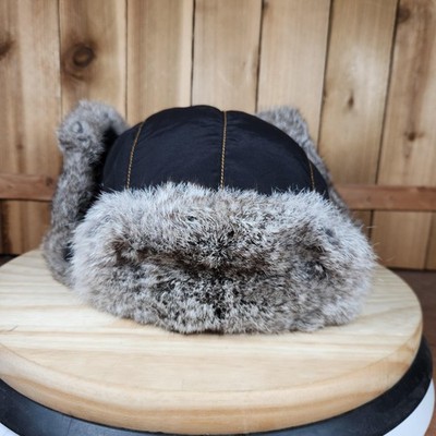 Mad Bomber Hat Trapper Fitted Mens XL Black Gray Rabbit Fur Ear Flap Winter Ski