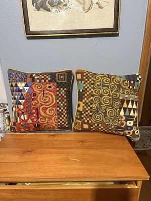 Pair of Ehrman Tapestry Needlepoint Pillows Klimt Coral & Gustav Klimt