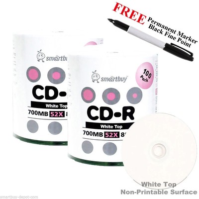 200 Smartbuy 52X CD-R 700MB White Top Blank Media Disc + Black Permanent Marker