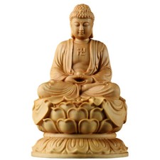 4" China Natural Boxwood Wood Buddhism Shakyamuni Amitabha Buddha Lotus Statue