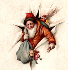 Jolly Santa Claus in Brown Coat Breaking Through 1900s German Christmas Postcard