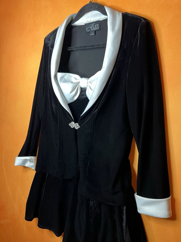 Alex Evenings 2 Piece Black Velvet Dress And Jacket Set Med/S NYE Party Bow Tie - Image 2 of 4