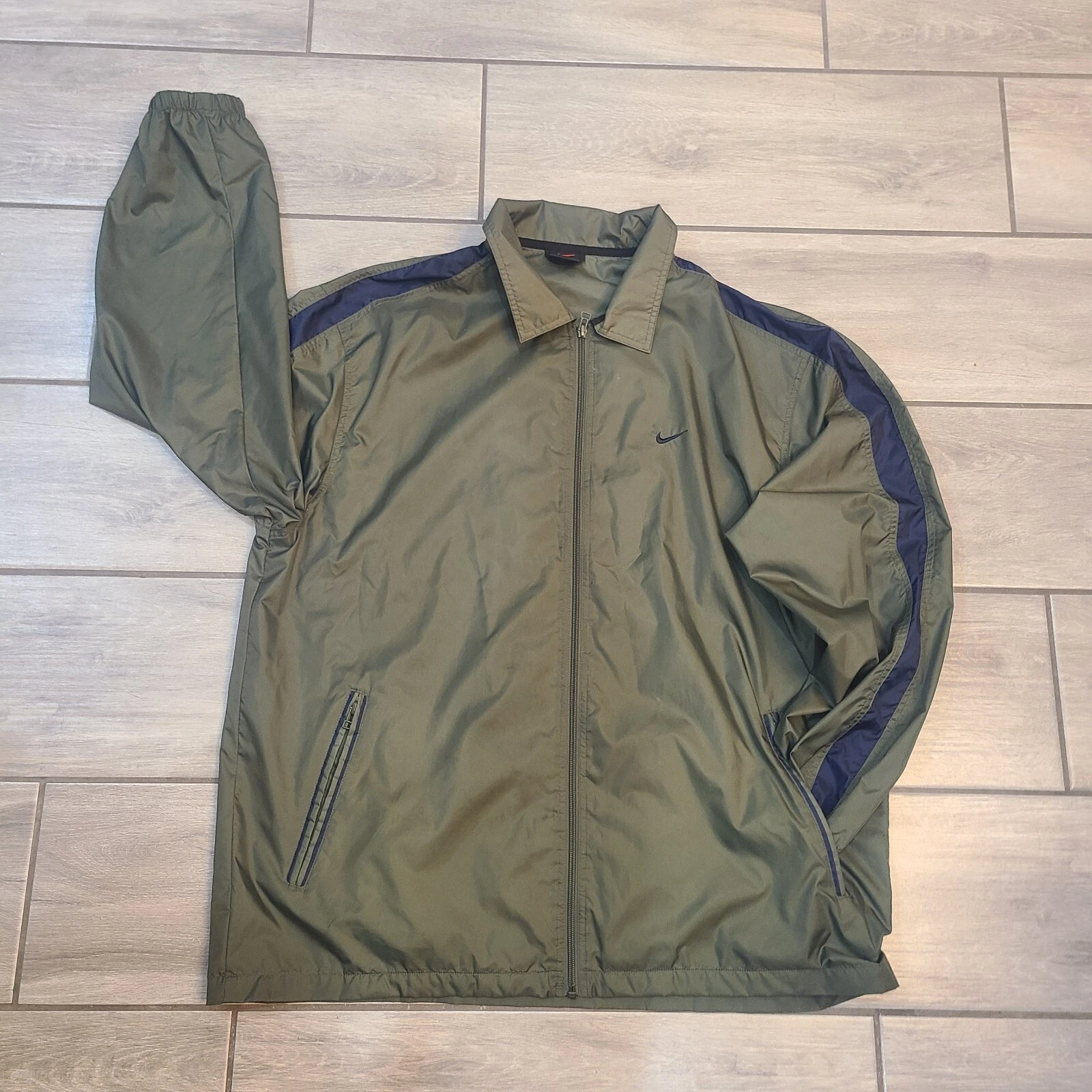 Vintage Nike Mens Windbreaker Jacket Large L Dark Green Blue Stripe Sleeve