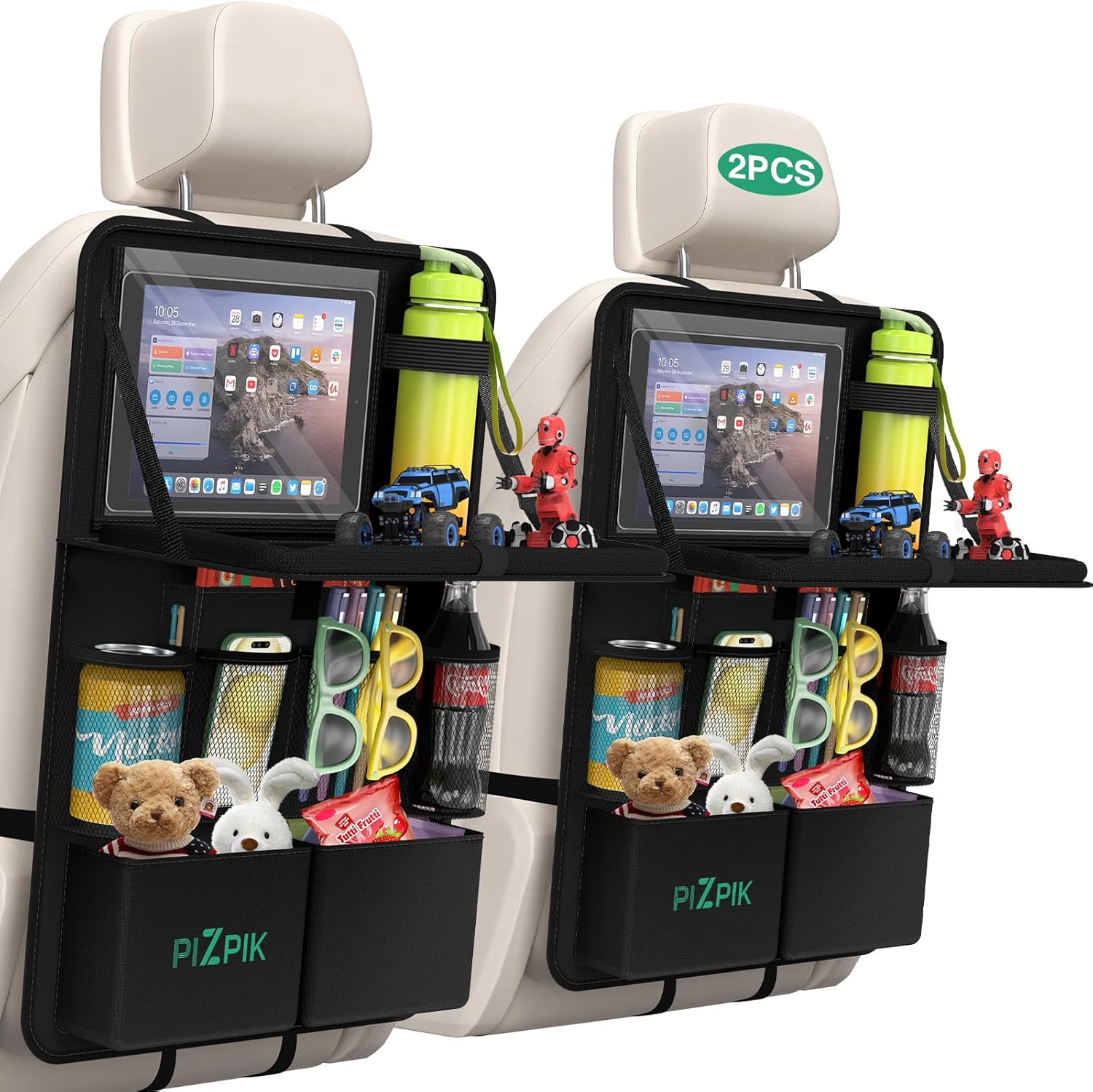 Compact Car Backseat Organizer with Tablet Holder & 11 Pockets, Foldable Snack Tray