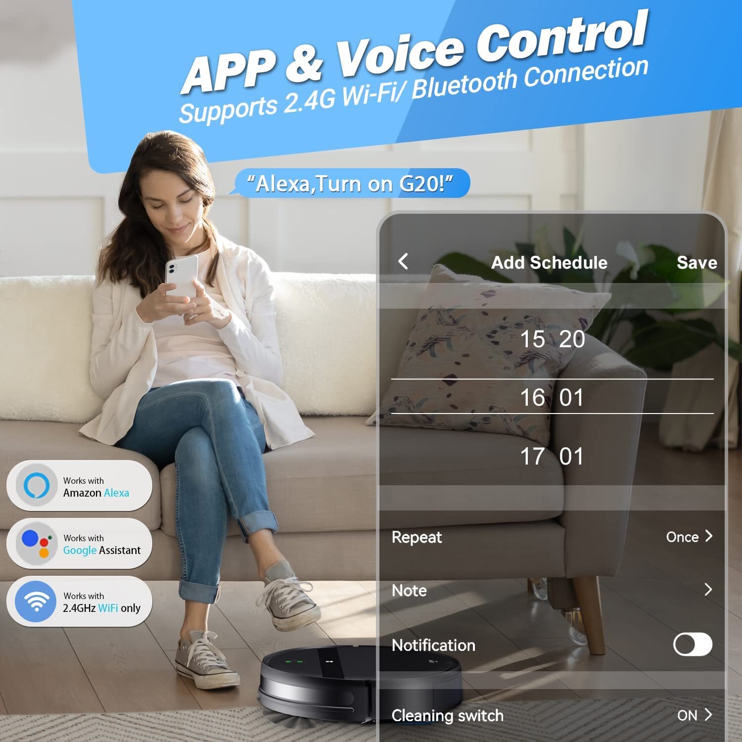 GTTVO G20 Smart Robotic Vacuum Cleaner App Controlled Carpet Floors