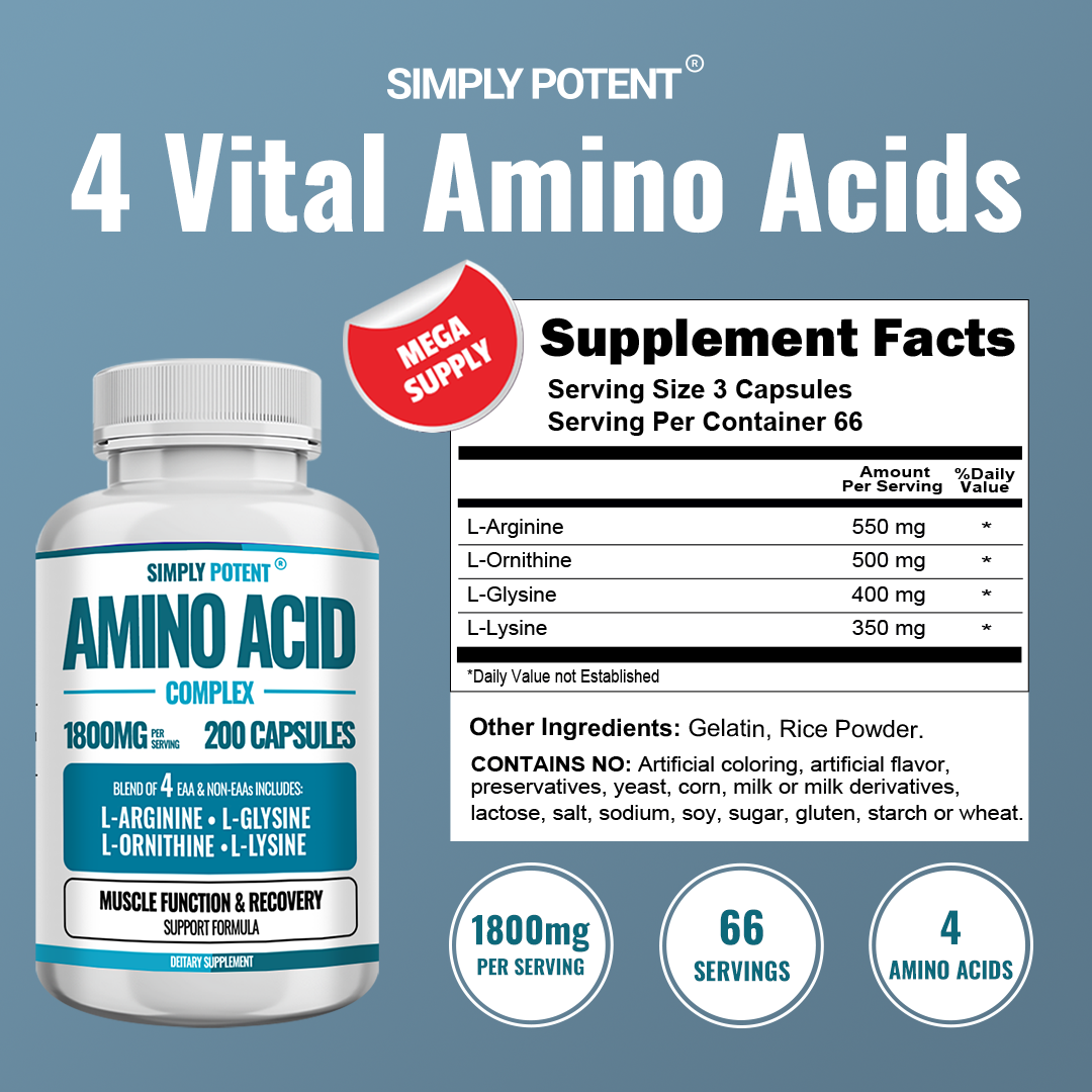Amino Acid Complex 1800mg 200 Capsules, 4 Amino Acids LArginine L
