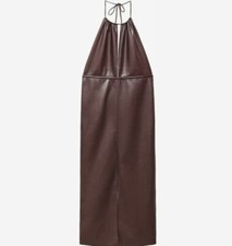 Mango - Leather Effect Halter Midi Dress - Brown - Large - UK 12