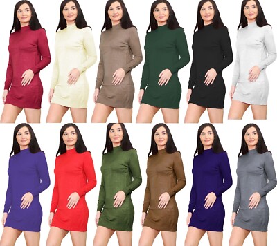 Womens Long Sleeve Turtle Neck Knitted Bodycon Dress Ladies