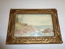Naive Water Color Ocean Coast Seascape Painting Gold Leaf Frame