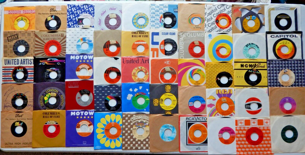 45RPM Vinyl Lot Of 50 Mixed Genres Jukebox Records With Sleeves #203
