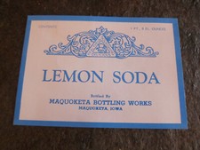 Lemon Soda Paper Soda bottle Label 1 Pt. 8 fl. oz. 5" x 3 1/2" Maquoketa, Iowa