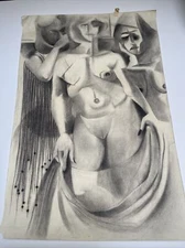 ANTIQUE DRAWING PORTRAIT MID CENTURY 36 INCH CUBISM LARGE WALTER COHEN JR NUDE