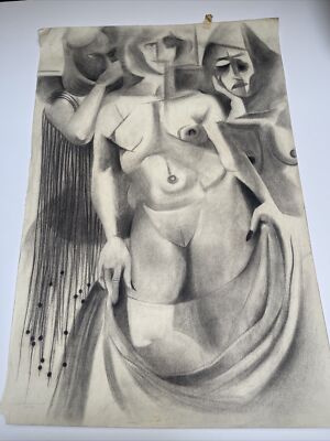 ANTIQUE DRAWING PORTRAIT MID CENTURY 36 INCH CUBISM LARGE WALTER COHEN JR NUDE
