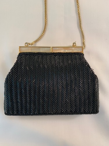 Black Bugle Bead & Seed Pearl Beaded Evening Bag Purse w/Chain Hong Kong 1970's - Picture 2 of 12