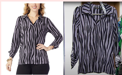 NEW IMAN Chic SZ XL Tiger Print Popover Top SHIRT BLOUSE BLACK/GUNMETAL SZ XL