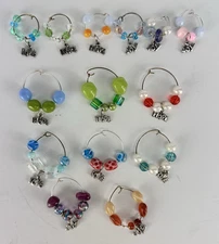 Set Of 14 Hand Made Wine Glass Charms Drink Markers Beaded Silver Colored Charms