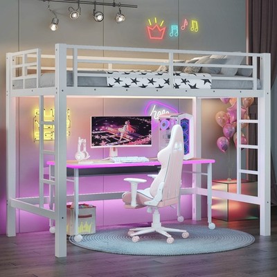 Twin/Queen White Loft Bed Heavy Duty Metal Frame w/ 2 Ladders for Adults Teens