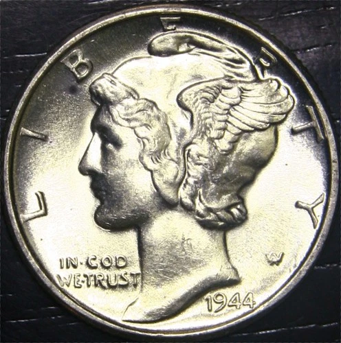 1944 D Mercury Dime 10c US Coin 90% Silver Denver Mint Gem BU