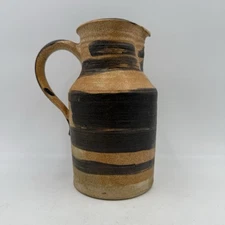 Studio Art Pottery Jug Vase Pitcher Brown Tan Striped With Handle Artist Stamped
