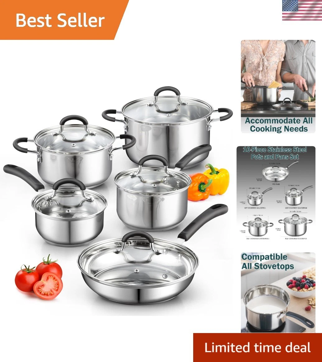 Stainless Steel Cookware Sets 10-Piece, Pots and Pans Kitchen Cooking Set wit...