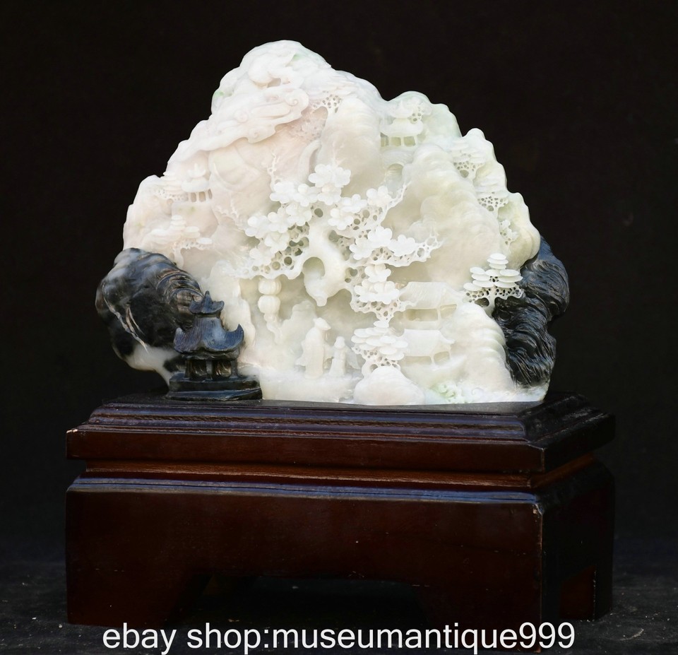 9.6" Chinese Dushan Jade Carving Mountain Tree House People Statue ...