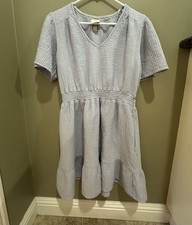 Knox Rose Short Sleeve Gauze A-Line Dress Size L baby Blue Smocked Waist|Pockets