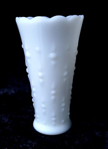 Vintage 1960's Anchor Hocking White Teardrop Milk Glass 7" Tall Vase - Scalloped