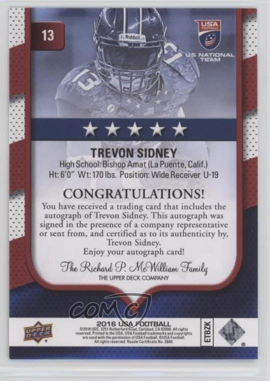 2016 Upper Deck USA Football USA U19 Auto Trevon Sidney #13 Auto - Image 2 of 2