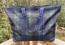LL Bean Boat and Tote Shoulder Bag Blue Green Plaid Carryall Canvas Overnight