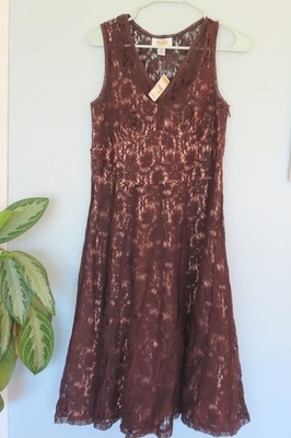 NWT Women's Talbot's brown lace dress w/peachy-beige slip size 10
