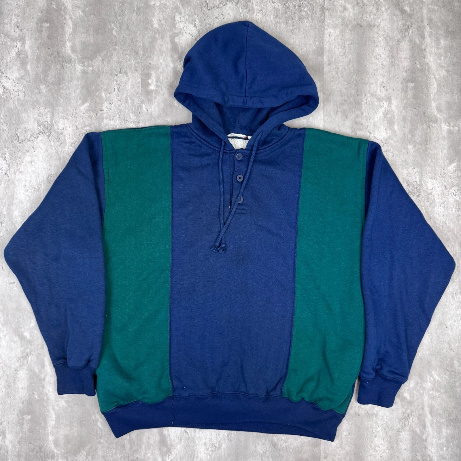 Vintage Double Face Hoodie Mens Large Green Blue Thermal Long Sleeve Pullover
