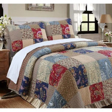 BEAUTIFUL COZY COTTAGE SOFT PATCHWORK RED BLUE BROWN LOG CABIN LODGE QUILT SET
